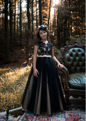 Black Lace Tulle V Back Flower Girl Dress With Champagne Lining